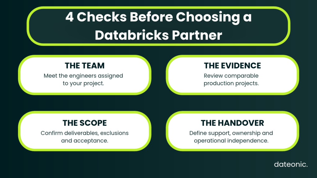 Four checks for evaluating a Databricks implementation partner: assigned engineers, comparable project evidence, contractual scope and operational handover.